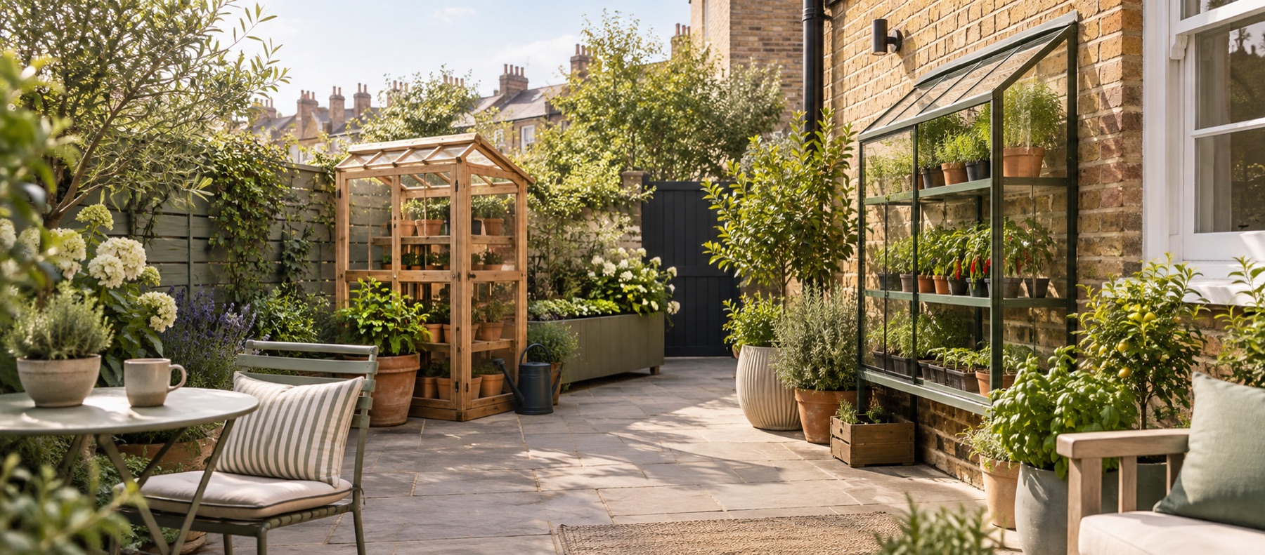 Mini growhouses on a paved garden patio
