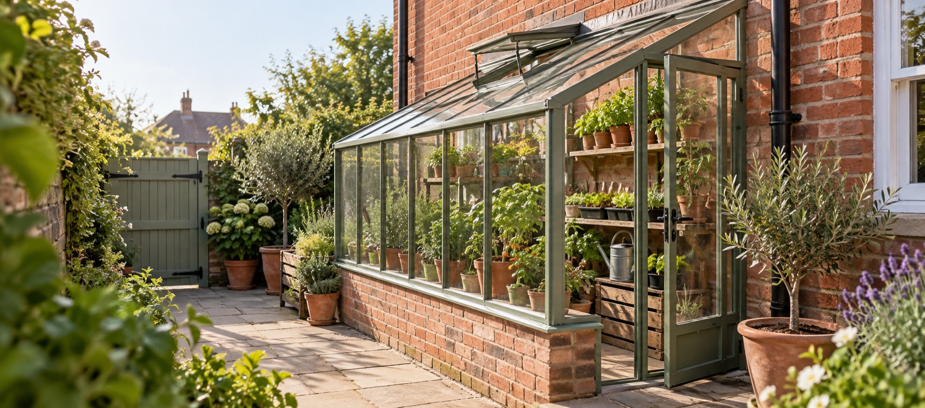 Lean-to greenhouse beside a brick garden wall