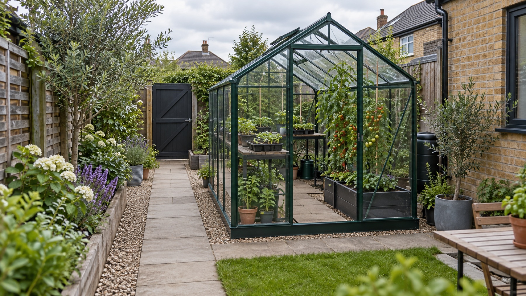 Compact greenhouse in a small British garden